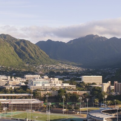 A drone image of the University of Hawaii Mānoa, where Tom learned how give hope to those who are hurting.